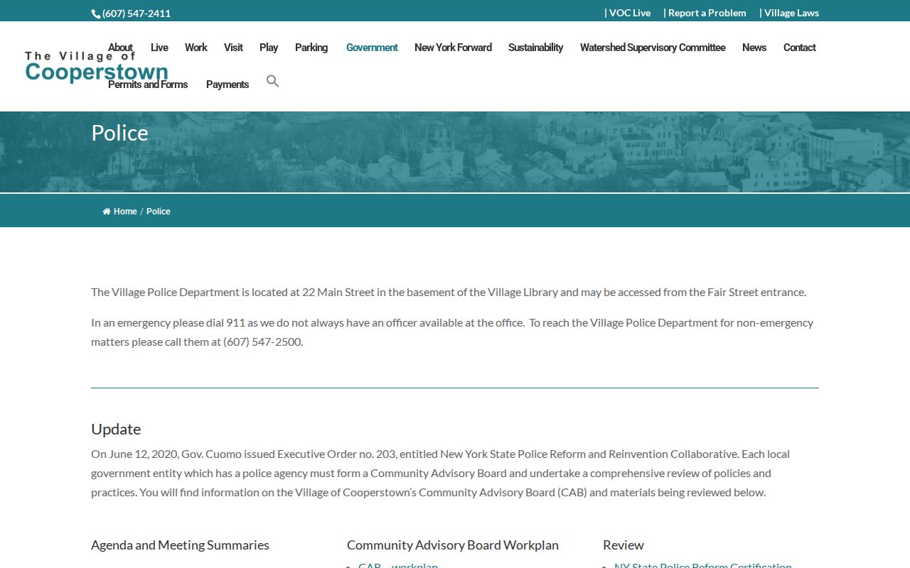 Cooperstown Police Department official page for Otsego County arrest-record contacts