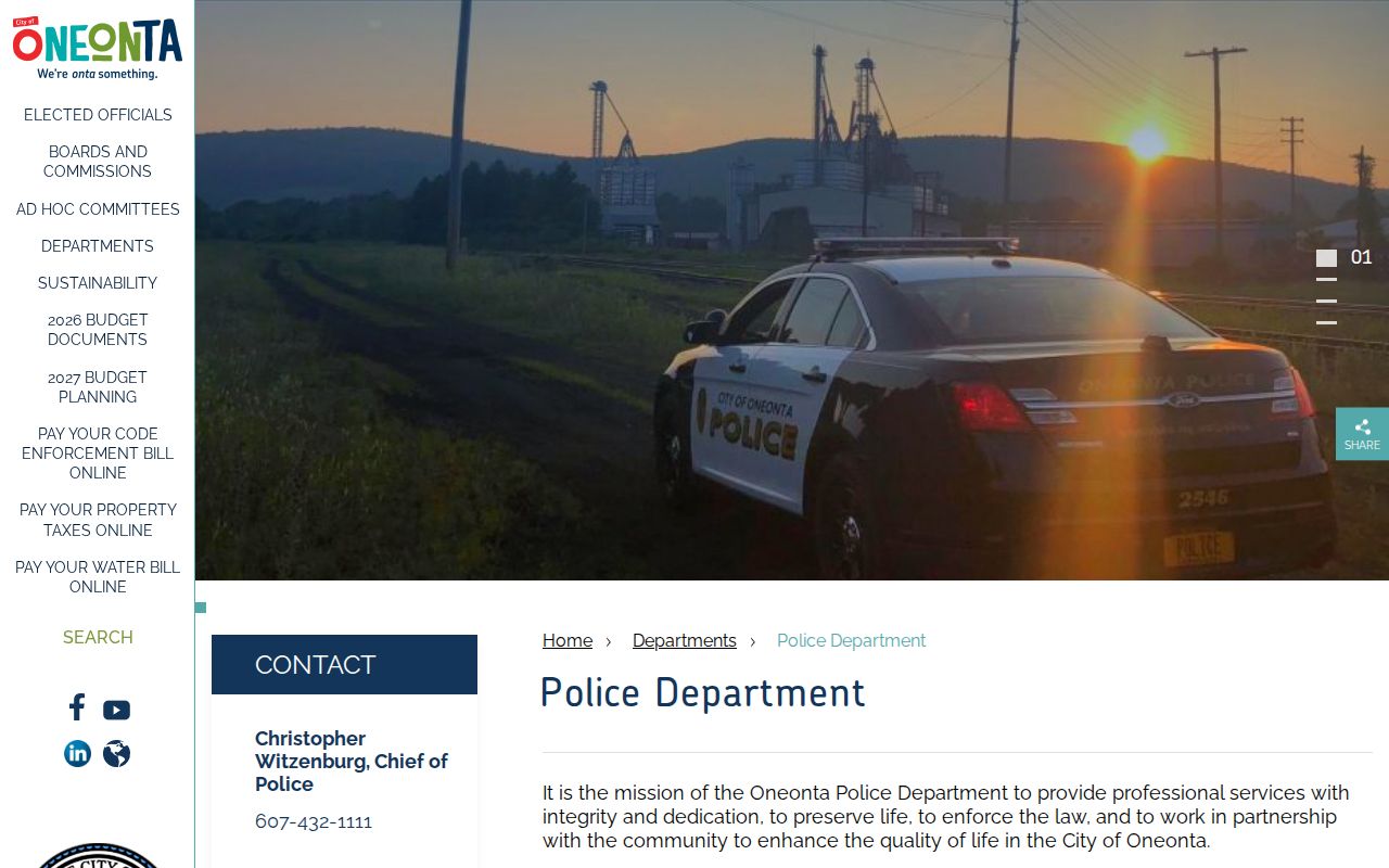 Oneonta Police Department directory for City of Oneonta arrest-record contact