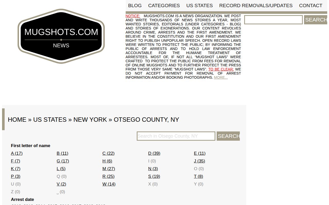 Mugshots.com Otsego County third-party historical index page