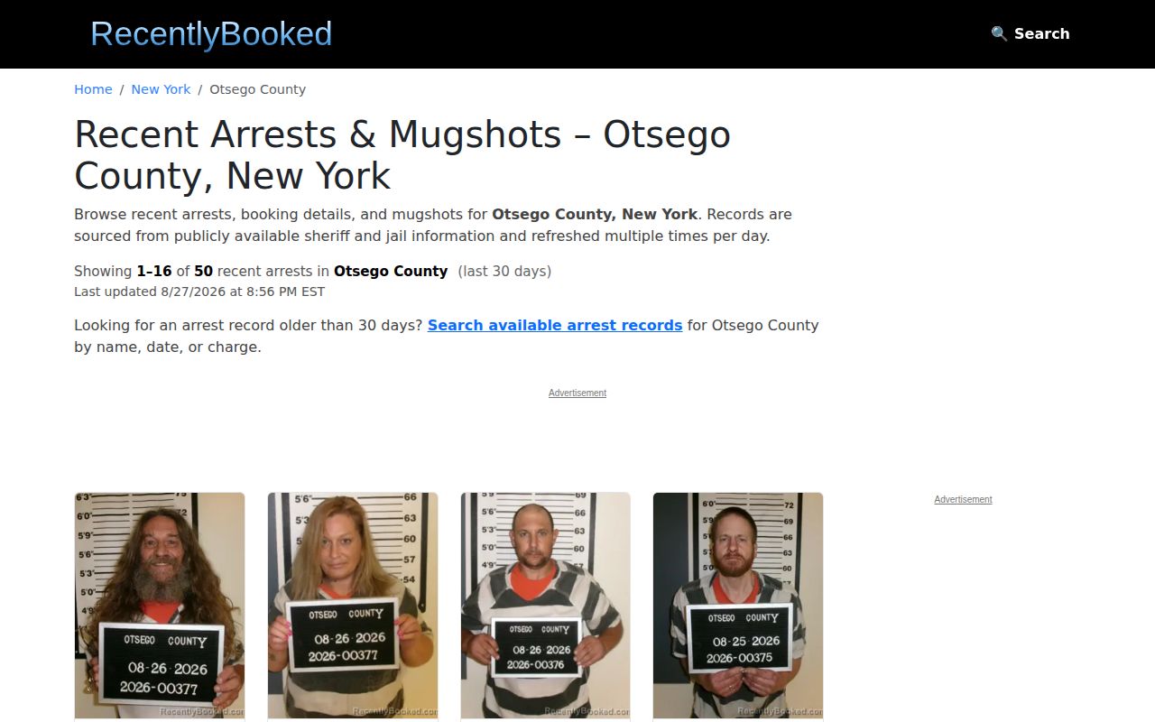 Recently Booked Otsego third-party recent-arrest index page